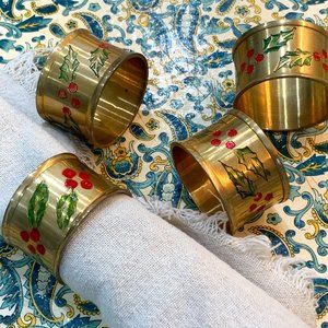 4 Vintage Solid Brass Holiday Napkin Holders